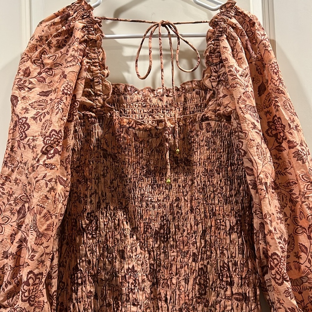 NWOT Free People Floral Smocked tube elastic BodyCon Mini Dress puff sleeves L - Picture 4 of 9